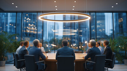 Modern executive boardroom with city view and round oak table
