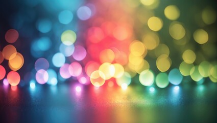 Fototapeta premium Colorful bokeh lights with vibrant glowing circles and a shimmering surface, creating an abstract, festive, and lively atmosphere.