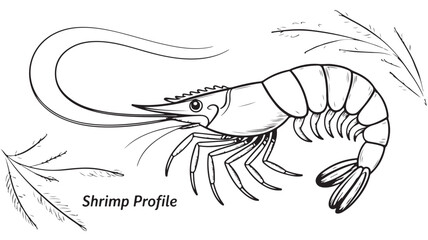 Fototapeta premium Detailed Line Drawing of Shrimp Profile with Botanical Elements
