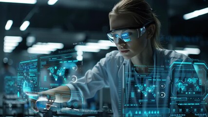 Advanced technology with augmented reality glasses and holographic digital interface displaying data futuristic laboratory environment for immersive - Powered by Adobe