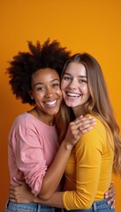 Friends smiling together in vibrant orange background bringing joy and warmth to indoor setting