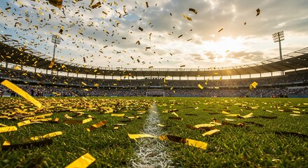 Sports stadium field celebration with golden confetti under bright sky