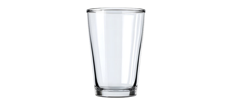 Realistic empty pint glass mockup with a clear front view positioned centrally on a white background, perfect for showcasing beverage branding designs.