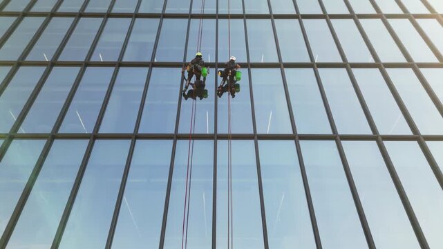 Europe, Italy, Milan  07,22,2025 Two skyscraper window cleaners work suspended in the air - drone aerial view of acrobatic window cleaners  near the Prada Foundation new skyline of the fashion city 