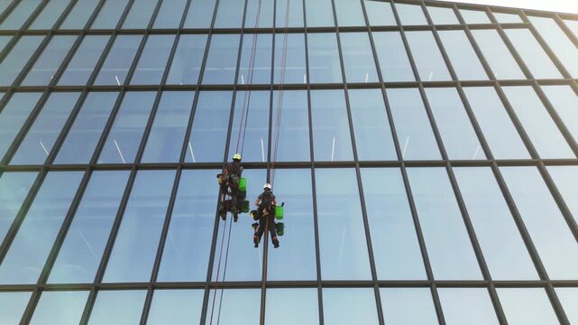 Europe, Italy, Milan  07,22,2025 Two skyscraper window cleaners work suspended in the air - drone aerial view of acrobatic window cleaners  near the Prada Foundation new skyline of the fashion city 