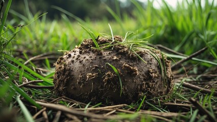 Fototapeta premium A clump of soil with grass growing on it, lying on the ground amidst green grass and plant stems.