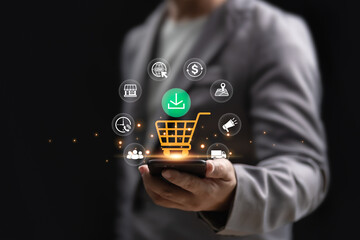 Omni-channel technology, Online marketing, Businessman use omni digital app online retail business marketing on social media network platform, Analytics, Customer engagement plan, Promotion shopping