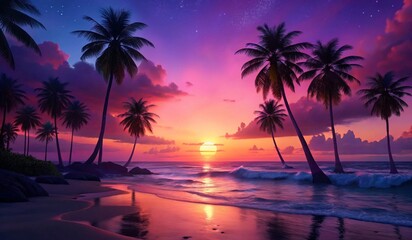 A serene beach scene at sunset, featuring silhouettes of palm trees against a vibrant sky. The sky is painted in shades of pink, purple, and orange, reflecting on the calm water. Gentle waves lap at t