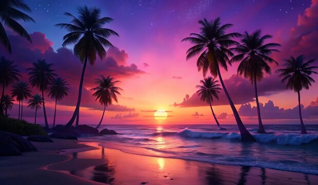 A serene beach scene at sunset, featuring silhouettes of palm trees against a vibrant sky. The sky is painted in shades of pink, purple, and orange, reflecting on the calm water. Gentle waves lap at t