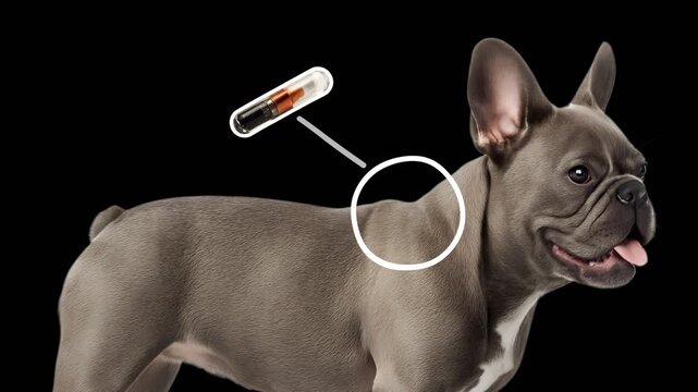 The example of a French bulldog shows the location of the dog chipping and the chip itself. The concept of chipping. Empty space for text. Smooth animation on transparent background