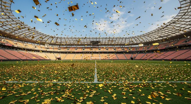 Stadium celebration with confetti shower on the field sports championship