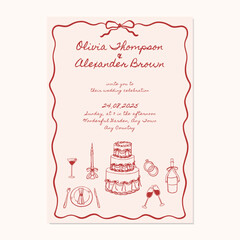 Hand-drawn wedding invitation with wedding items and wavy lines border. Printable whimsical wedding invitation template.