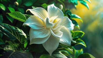 Obraz premium A white flower blooming among green leaves in natural sunlight.