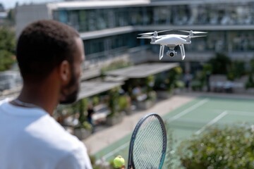 A man observes a drone hovering above a tennis court, showcasing the integration of technology in sports training and practice sessions for athletes and enthusiasts.