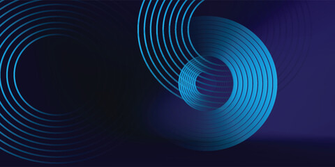 Abstract blue glowing geometric lines on dark blue background. Modern shiny blue circle lines pattern. Futuristic technology concept. Suit for cover, poster, banner, brochure, header, website