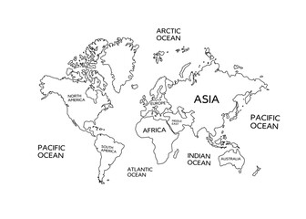 Black and white world map with labeled continents and oceans