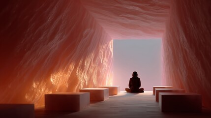 Tranquil meditation space carved from salt with glowing walls at dusk