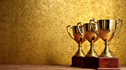 Three golden trophies stand on a wooden pedestal against a golden background, 4k video