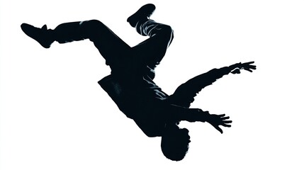 Silhouette of a person mid-air, performing a dynamic acrobatic move with arms outstretched and legs extended