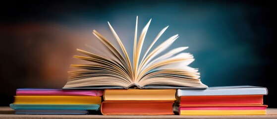 The open book revealing pages with colorful stacked volumes in background.