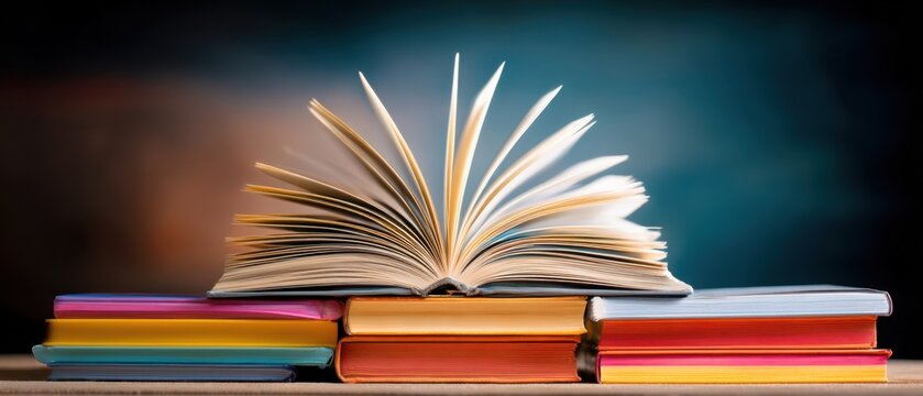 The open book revealing pages with colorful stacked volumes in background.