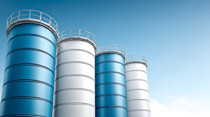 Large industrial silos painted in blue and white stand tall against a clear blue sky, showcasing modern storage infrastructure.