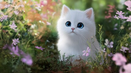 White kitten sitting in a flower bed with big blue eyes
