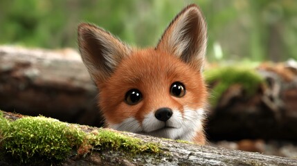 Cute red fox kit hiding behind mossy log