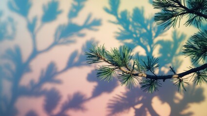 Obraz premium A pine branch with shadowed trees in the background during sunset or sunrise. Nature and landscape scene. Atmospheric and tranquil setting.