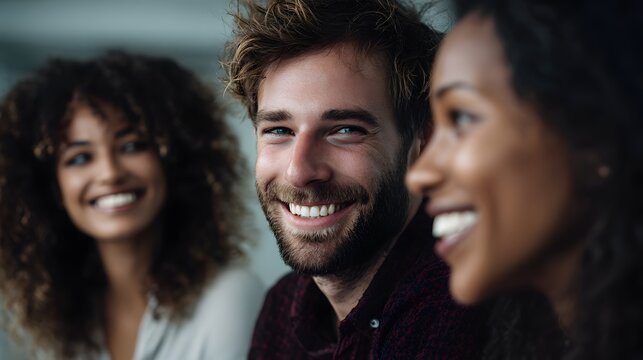 Coworkers laughing and sharing ideas in a friendly well lit office setting