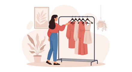 Young Woman Choosing Clothes From A Clothing Rack In Her Home Or Boutique