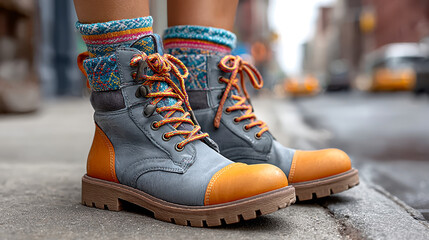 Stylish two-tone leather boots with colorful knitted socks worn on a city street, blending fashion and comfort for urban outdoor wear.