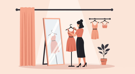 Young Woman Choosing Dress In A Clothing Store Fitting Room Experience