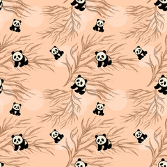 Fototapeta premium Adorable Panda Bear Seamless Pattern Peach Background, Brown Branches, Cute Cartoon Style