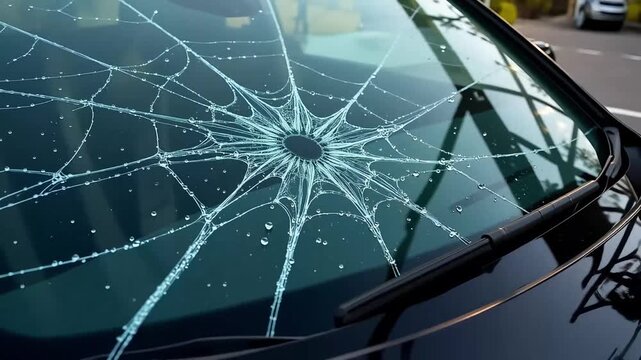 Close up of a car windshield with a large spiderweb crack and water droplets on the glass - Powered by Adobe