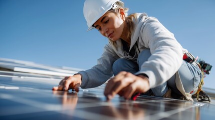 Skilled technician installs solar panels on roof during bright sunny day in residential area