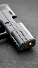 Close-up of a modern semi-automatic handgun with a tactical light on a textured dark surface.