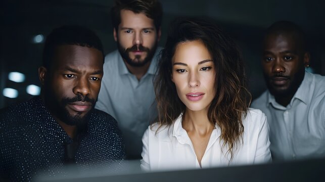 A diverse team of employees collaborating on an important business presentation under deadline pressure  long title A group of focused