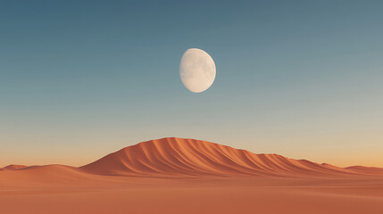 A desolate desert landscape is presented under a clear sky, crowned by the celestial presence of the moon, casting a tranquil ambiance across the dunes.