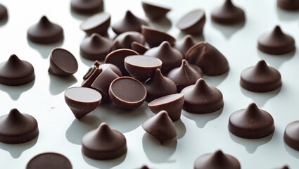 Fototapeta premium Assorted chocolate candies with smooth, rounded tops scattered on a white surface.