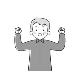 ガッツポーズするシニア男性(上半身) モノクロ