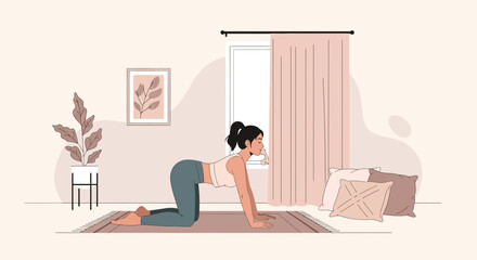 Young Woman Doing Yoga Pose In Bright Airy Room With Houseplants