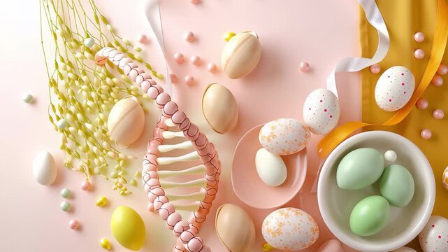 DNA helix: The foundation of biological innovation. Colorful Easter eggs arranged around a DNA strand on a soft pink background.	
