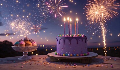 A vibrant birthday cake with purple frosting, adorned with colorful star decorations, sits on a festive table. Topped with candles spelling HAPPY and sparklers, the cake is flanked by two cupcakes and