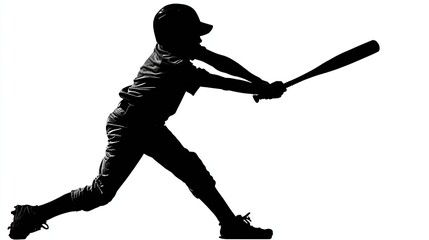 Silhouette of a young baseball player swinging a bat in mid-swing on white