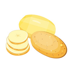 set of whole potatoes cut into slices, wedges, isolated on white background.