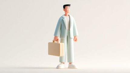 A 3D cartoon man in a light blue suit holds a beige briefcase, standing confidently against a plain, neutral background.