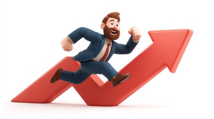 A 3D cartoon businessman in a suit joyfully runs upward on a large red arrow symbolizing growth and success.