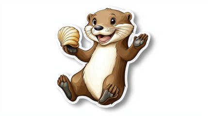 Cute otter holding shell, smiling joyfully, perfect for stickers or illustrations. This playful character embodies happiness and fun