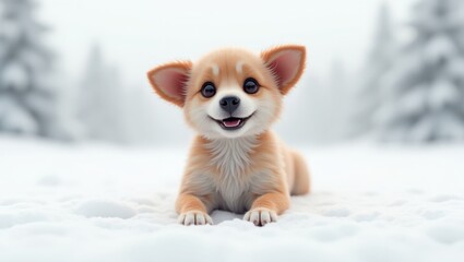 A cheerful puppy lies in the snow.